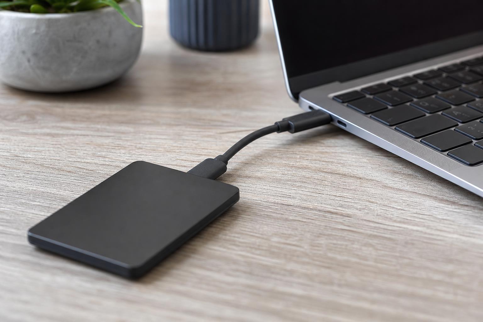 노트북 USB-C 포트에 연결된 휴대용 외장 SSD