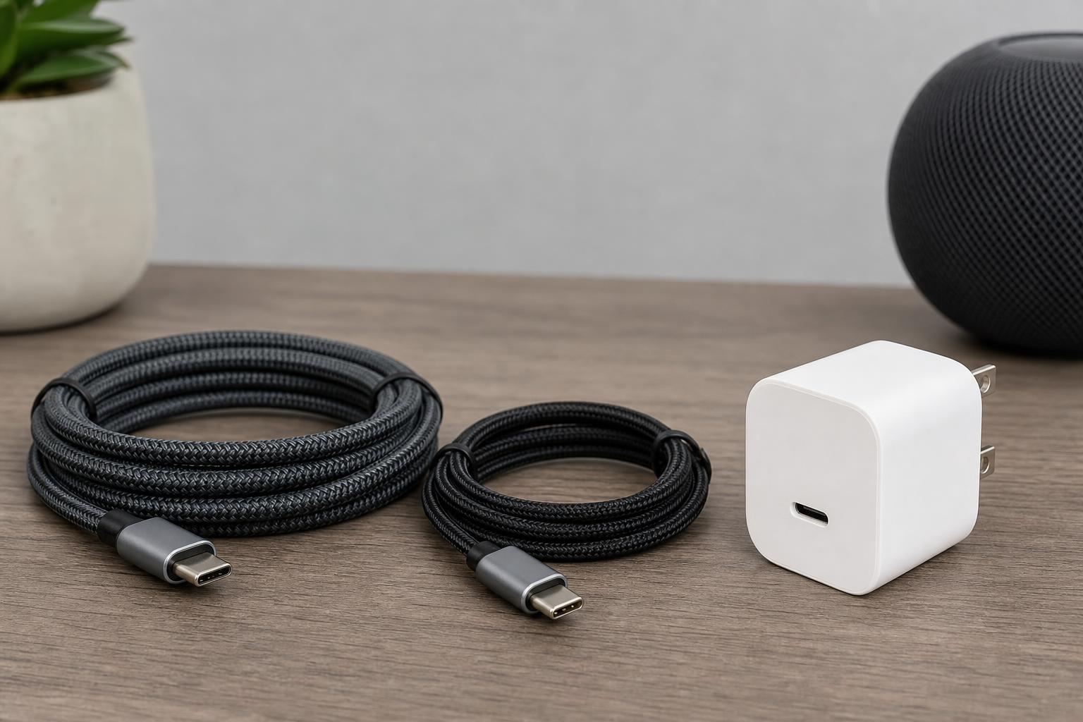 충전기 옆에 놓인 USB-C 케이블
