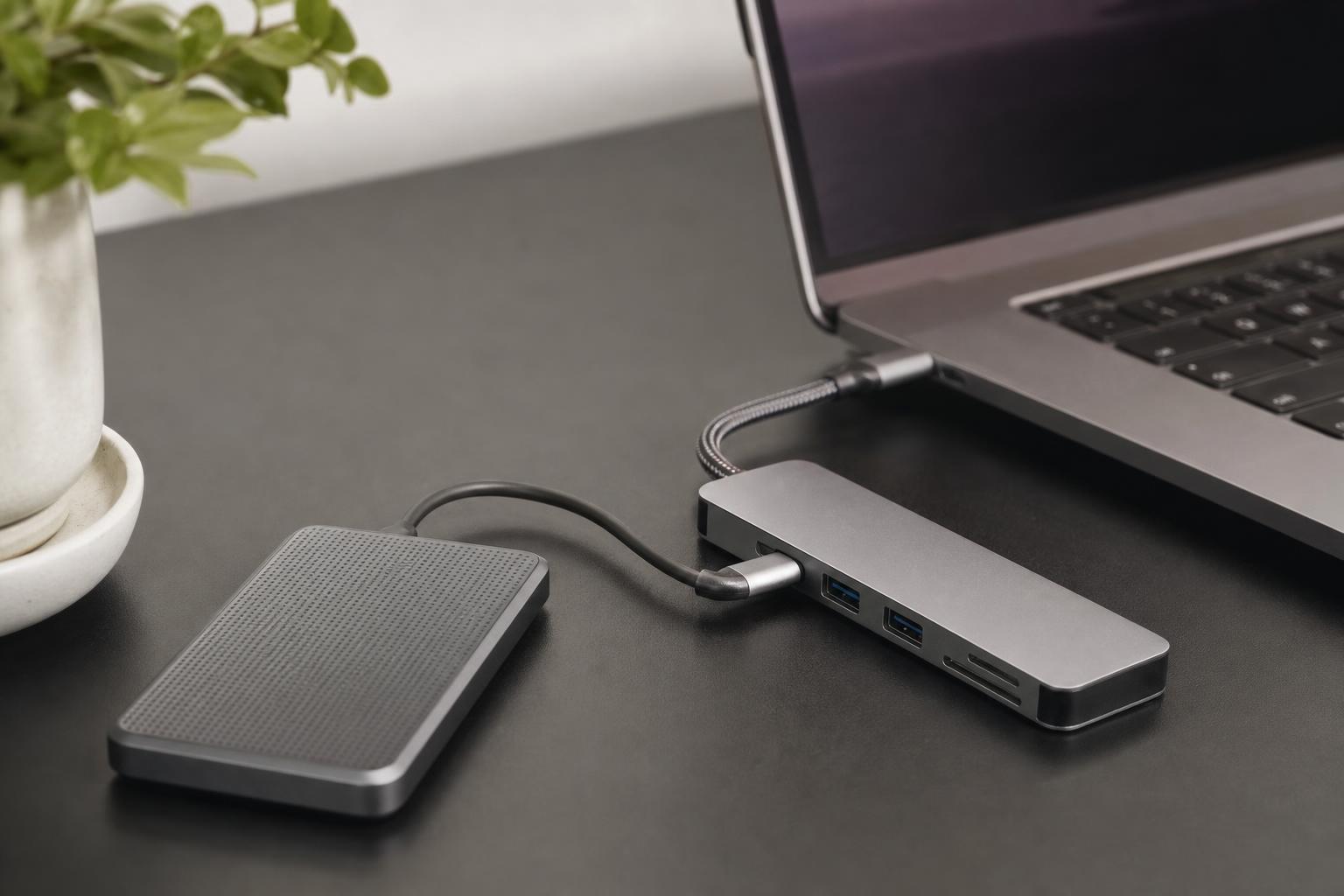 노트북 옆 USB-C 허브에 연결된 케이블들