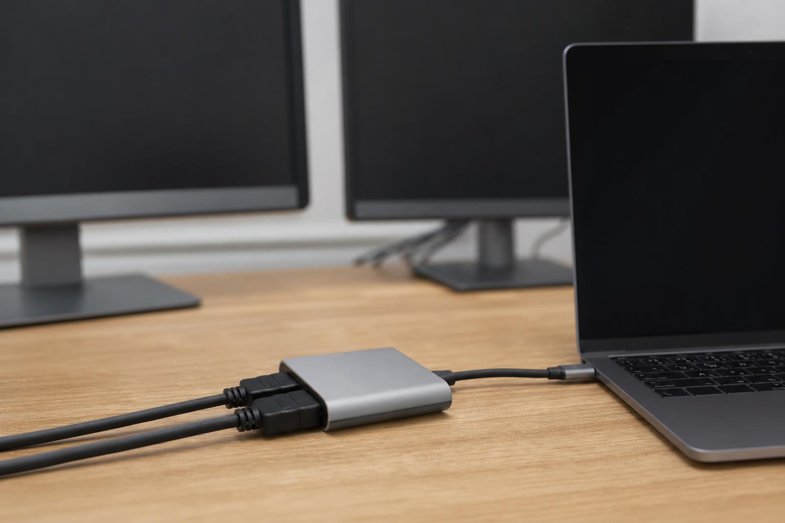 HDMI 케이블 두 개가 연결된 컴팩트한 디스플레이 어댑터와 노트북
