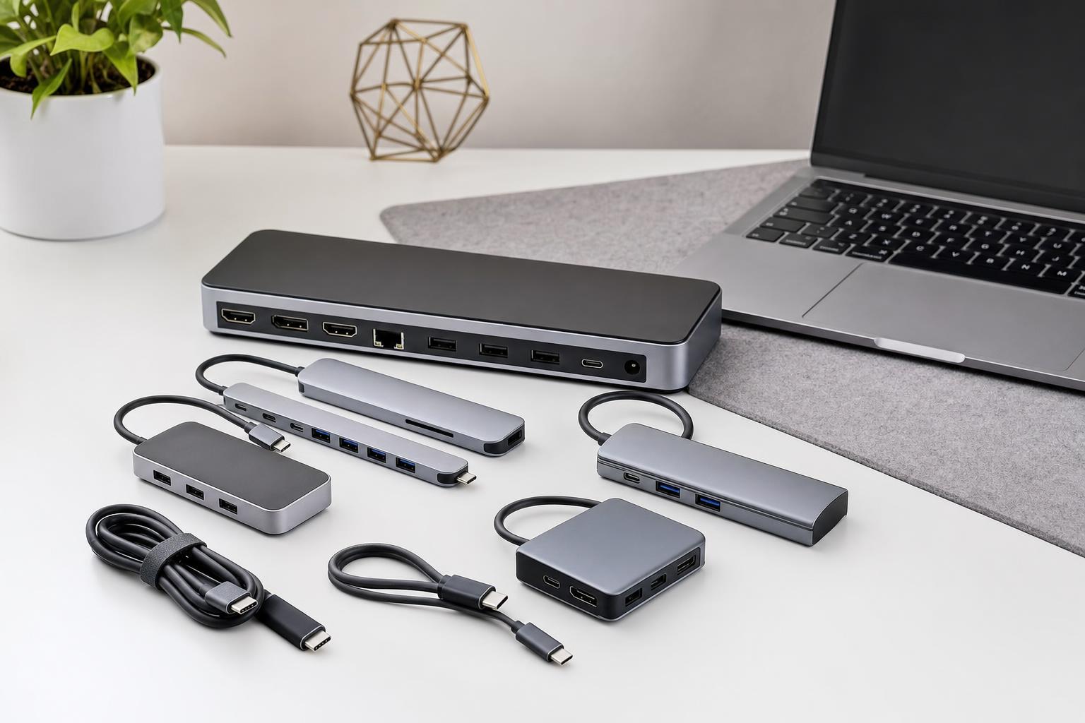 책상 위에 놓인 여러 종류의 USB-C 허브와 도킹스테이션