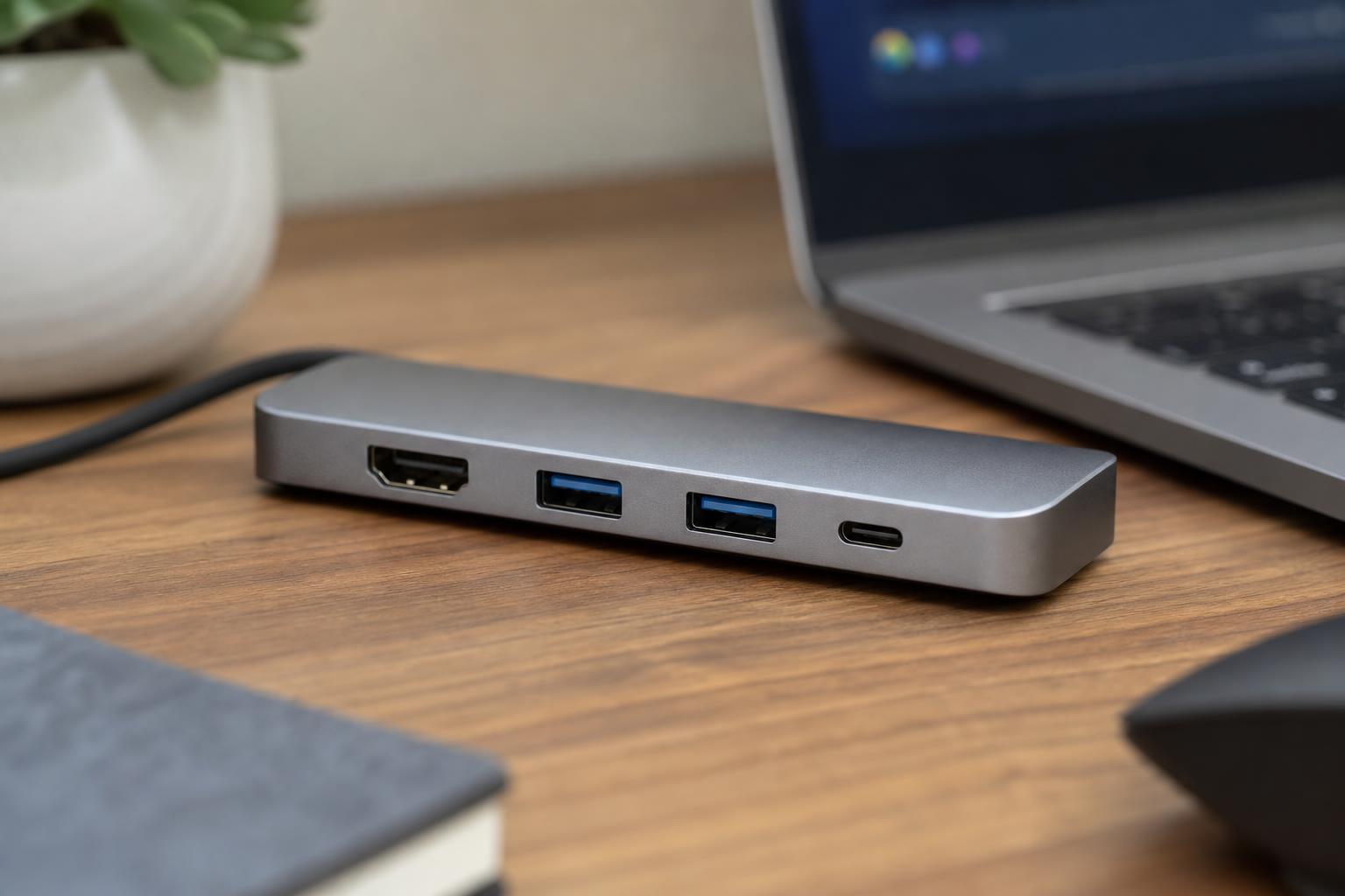 HDMI와 USB 포트가 나란히 보이는 USB-C 허브 클로즈업