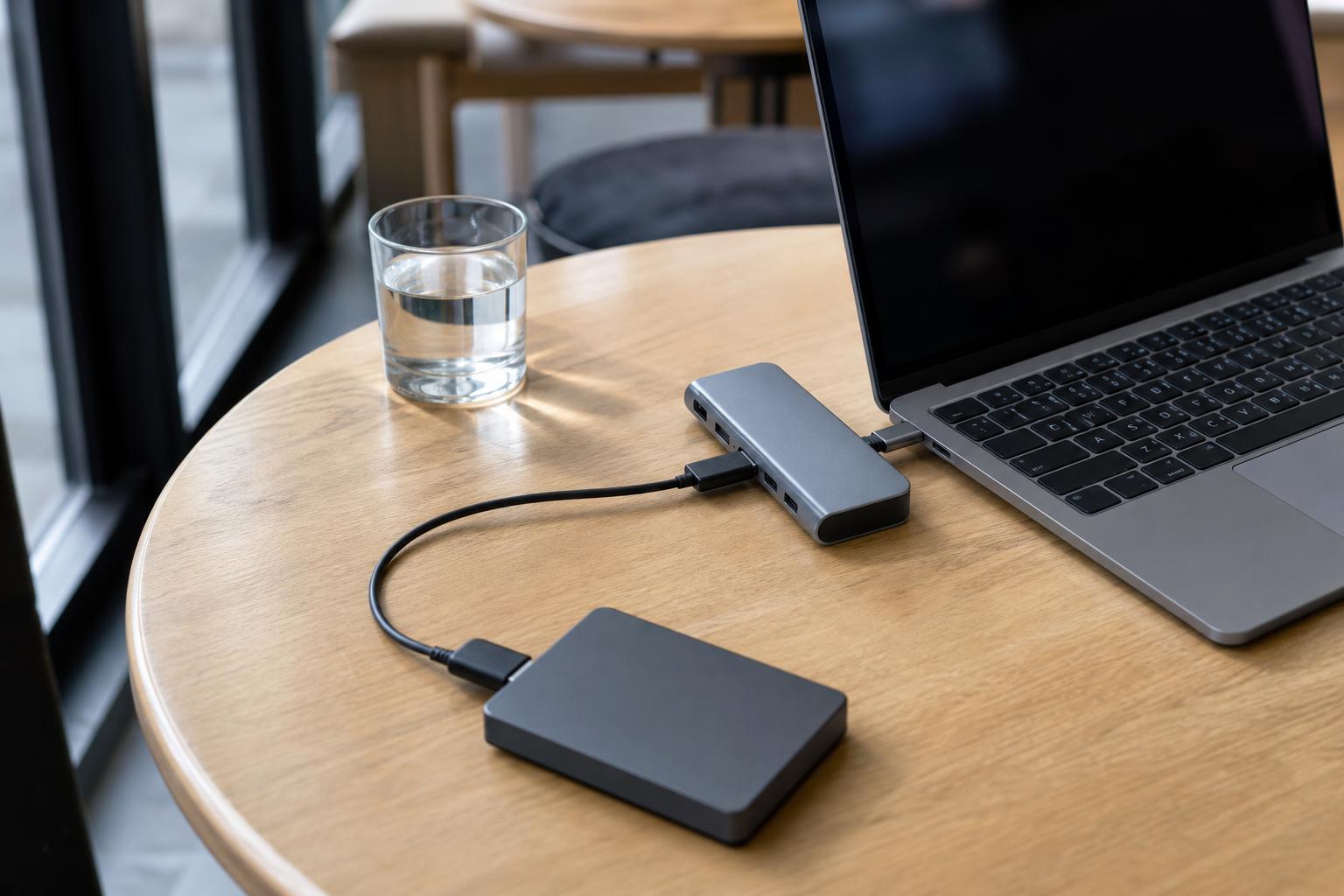 카페 테이블에서 노트북에 연결된 슬림한 USB-C 허브