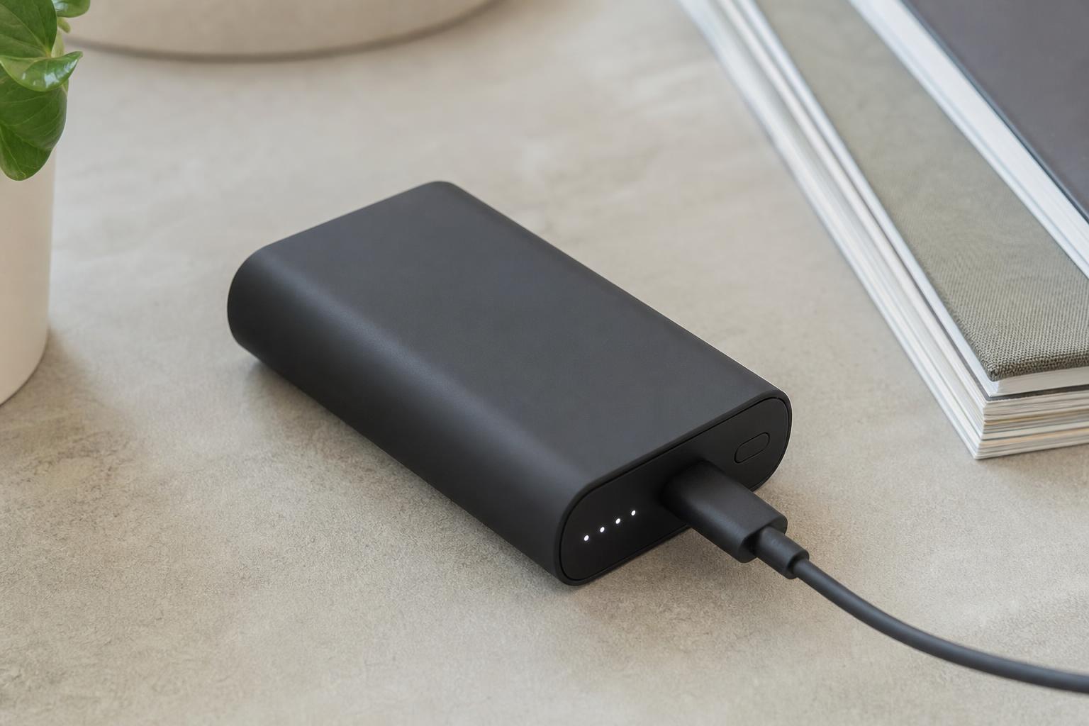 USB-C 케이블이 연결된 고속충전 보조배터리