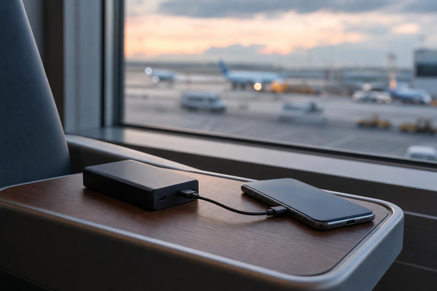공항 탑승게이트 좌석에서 보조배터리로 휴대폰을 충전하는 모습